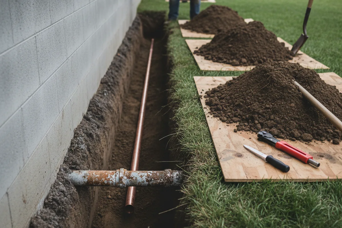 Excavated water line trench during Sewer Line Repair in Tahlequah